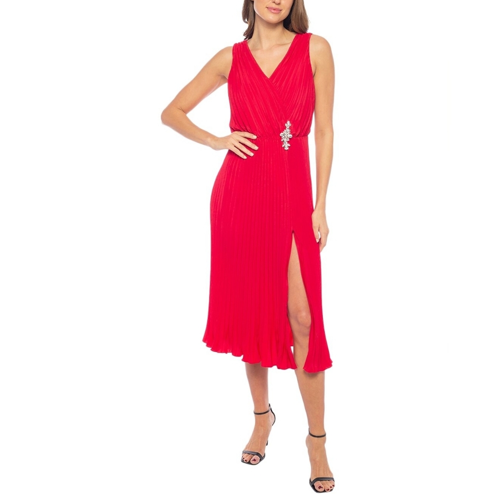 NWT - Marina Charmeuse "Berry" V Neck Sleeveless Pleated A Line Midi Dress -Sz S